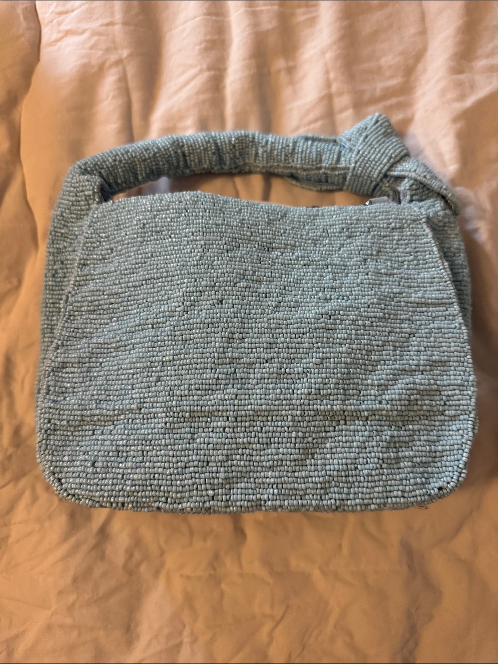 Sol and Mer Beaded Light Blue Striped Top-Handle Bag with Pasta and Tomato Motif - Picture 6 of 9